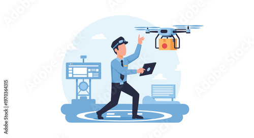 A professional delivery operator wearing a blue uniform uses a tablet to guide a high-tech drone carrying a brown package over a circular landing zone area.