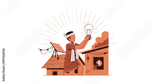 A man wearing traditional attire carefully installs a glowing light bulb on a rural home that features a modern solar panel on its thatched roof structure.