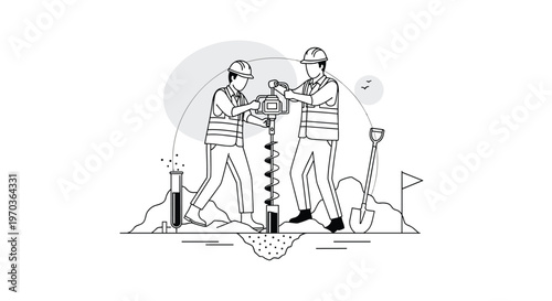 Two dedicated construction workers wearing safety helmets and reflective vests operate a powerful mechanical earth auger to drill deep into the rocky ground.