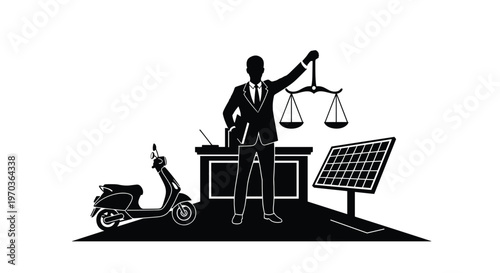 A professional man in a formal business suit holds a set of balanced legal scales while standing between a modern electric scooter and large solar panel.