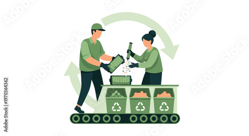 Dedicated industrial workers in green uniforms carefully sort used battery components into specialized recycling bins along a mechanical conveyor belt under clean studio lighting.