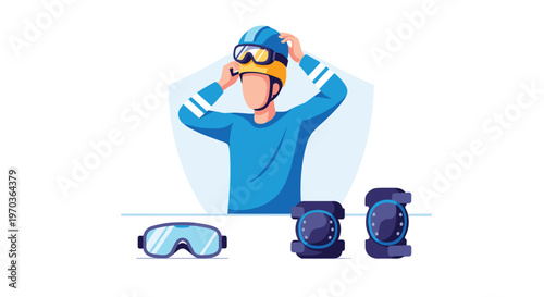 A focused athlete in blue sportswear carefully adjusts a protective helmet and goggles while preparing for high-speed sports with various safety gear laid out.