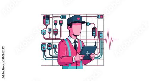 An expert electrical technician in a distinctive pink and blue uniform meticulously monitors a complex network of wires and sensors using a handheld digital tablet.
