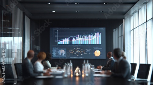 Strategic Insight: A focused meeting unfolds within a contemporary boardroom. A high-tech screen displaying data and graphs dominates, illustrating key performance indicators.