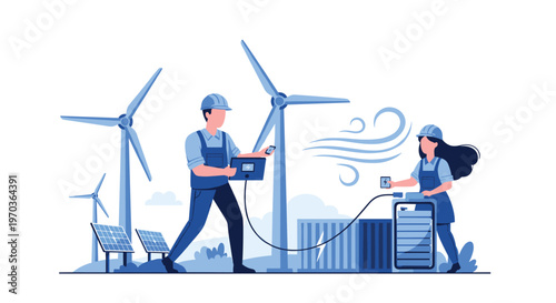 Professional renewable energy technicians in blue workwear efficiently manage a field of wind turbines and solar panels using advanced digital tablets and storage batteries.