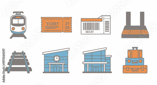 Transportation icons train tickets station luggage and railway elements