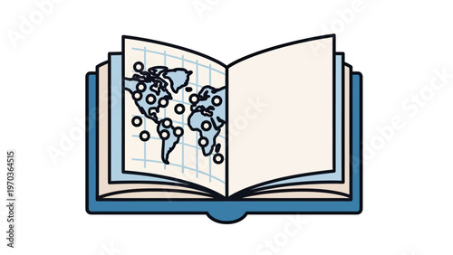 An open book displays a world map with highlighted locations