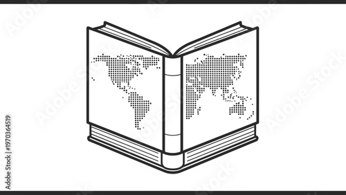 An open book displays pixelated world maps on its pages