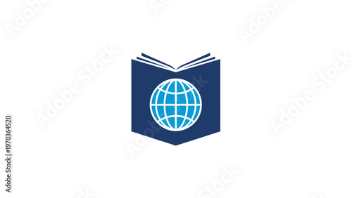 Open navy blue book with a blue and white globe icon against a white background
