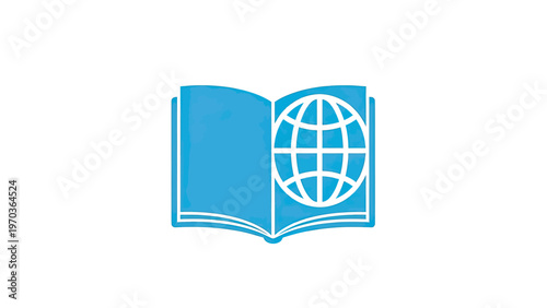Open blue book displaying a white globe icon with lines of latitude and longitude