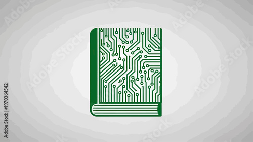 Green circuit board pattern stylized as an open book on a grey background