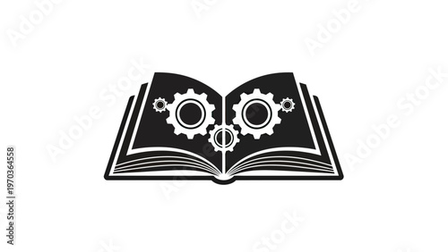An open book with gears inside, symbolizing knowledge and mechanics