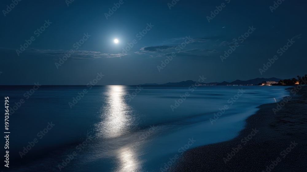 Obraz premium Calm ocean under a full moon: soft reflection in a midnight sky