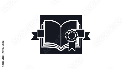 Open book with ribbon and award seal graphic on white background