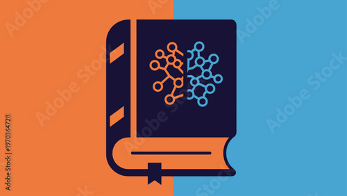 Open book with half organic, half digital network design on dark blue cover