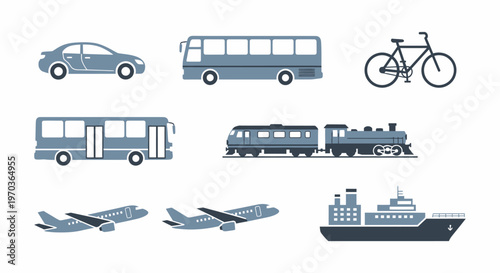 Transportation icons car bus bicycle train airplane and ship illustrations