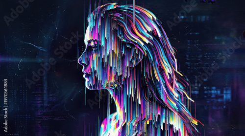 A woman stands with her side facing the viewer, bright colors and patterns surround her. The background is dark, and the scene shows a mix of technology and art