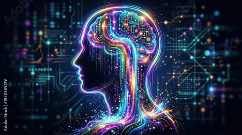 A head outline is filled with circuit patterns and glowing lines in bright neon colors