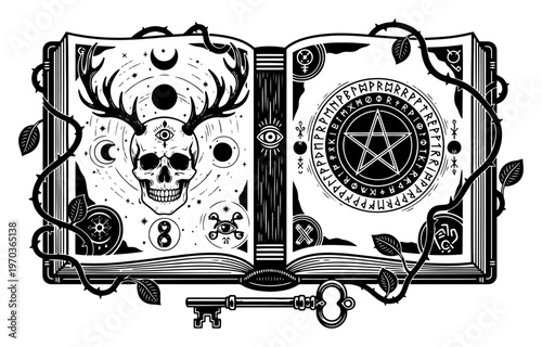 Magic Spell Book with Skull Antlers and Pentagram Occult Esoteric Grimoire Vector Illustration