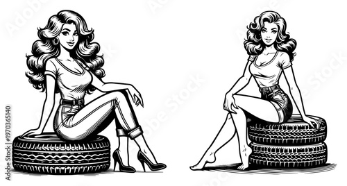 Pin Up Girl Sitting on Car Tires Retro Sexy Woman Automotive Garage Style Vector Illustration