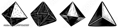 Geometric 3D Shapes Set Prism Pyramid and Octahedron Polyhedron Engraving Vector Illustration