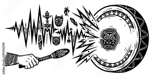 Tribal Drumming Sound Waves with Shamanic Masks and Rhythmic Beats Vector Illustration