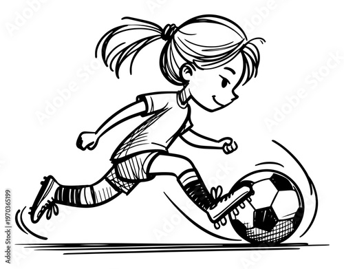 Little Girl Playing Soccer Kicking Ball Active Lifestyle Sports Cartoon Vector Illustration