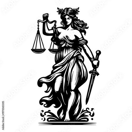 Lady Justice Goddess with Scales and Sword Law and Order Symbol Vector Illustration