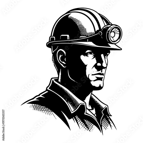 Industrial Worker or Miner in Hard Hat with Headlamp Portrait Vector Illustration