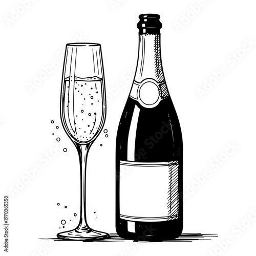 Champagne Bottle and Glass Flute with Bubbles Celebration and Party Vector Illustration