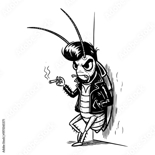 Tough Cockroach Greaser Character in Leather Jacket Smoking Cigarette Vector Illustration