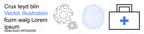 Technology, identity verification, healthcare, engineering, security, innovation. A fingerprint icon, gear mechanisms and a medical first aid kit with a cross symbol. Technology and identity