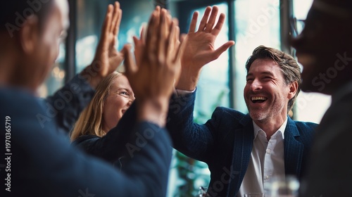 Team's High Five Celebration: A team of smiling individuals celebrates a moment of success with a unified high five, creating a visual display of teamwork, satisfaction, and achievement.