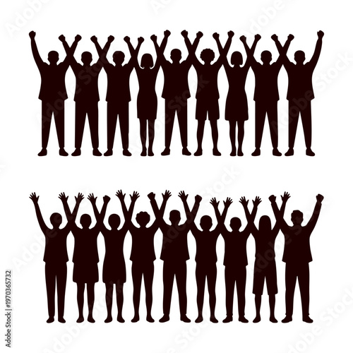 crowd of diverse people silhouettes celebrating success and victory together, rows of business professional silhouettes with raised hands for teamwork, community group silhouettes standing in unity 