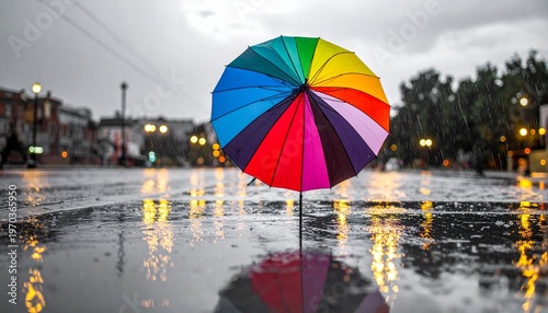 Person walking with rainbow umbrella on rainy city street, vivid colors reflecting on wet pavement against gray urban backdrop.