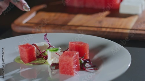 Wallpaper Mural Watermelon cubes with feta cheese and microgreens, a fresh summer appetizer. Torontodigital.ca