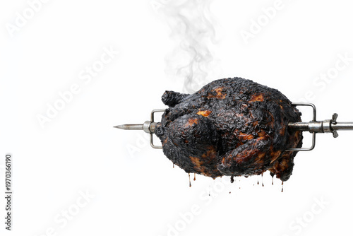 Burnt chicken on a spit with smoke on a light background. Space for text.