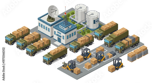 Isometric vector illustration displaying a military logistics base complex featuring warehouses, vehicles, soldiers, and various characters involved in operations, all presented in a clean