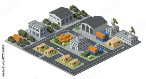 Isometric vector illustration depicting a military logistics base featuring various military vehicles, warehouses, and people designed as icons, all set against a clean white background