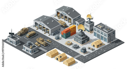 Isometric vector illustration depicting a detailed military logistics base complex with soldiers, vehicles, and warehouses, rendered as a colorful design icon conveying a sense of organized