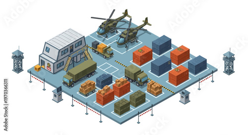 Isometric vector illustration depicting a military logistics base complex, showcasing soldiers, military warehouses, various vehicles, and character icons arranged in a detailed design
