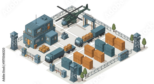 Isometric vector illustration depicting a detailed military logistics base complex, complete with people, character icons, a helicopter, warehouses, vehicles, and soldiers, set