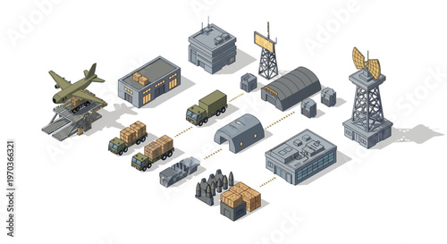 Isometric vector illustration depicting a military logistics base complex, featuring various military warehouses and vehicles, along with several soldiers, set against a clean white