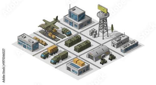 Isometric vector illustration showcasing a detailed military logistics base complex, featuring various military warehouses and vehicles alongside miniature character icons, all arranged
