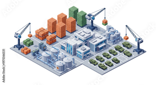Isometric vector illustration of a military logistics base complex, showcasing military warehouses and vehicles, with soldiers and other characters depicted in a clean, modern design