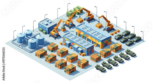 Isometric vector illustration depicting a military logistics base complex with people as character icons, showcasing military warehouses, vehicles, and soldiers in a detailed, colorful