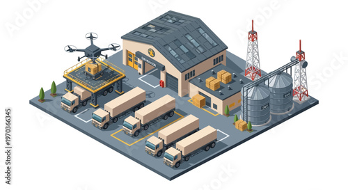 Isometric vector illustration depicting a military logistics base complex, showcasing various military vehicles, soldiers, warehouses, and design icons, set against a clean background