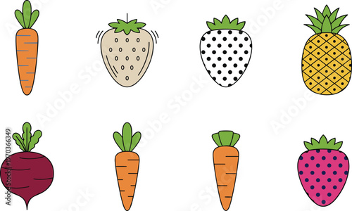 Colorful vector illustration of fruits and vegetables symbolizing diversity, creativity, and healthy living