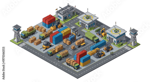 Isometric vector illustration features a detailed military logistics base complex with soldiers, military vehicles, warehouses, and other equipment against a white background, rendered