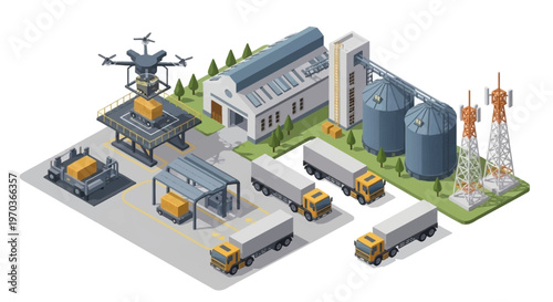 Isometric vector illustration depicting a detailed military logistics base complex, complete with warehouses, vehicles, soldiers, and a drone lifting cargo, all rendered with a clean
